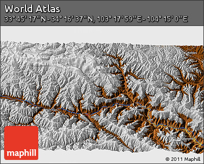 Physical 3D Map of the Area around 34° 0' 57" N, 103° 46' 30" E
