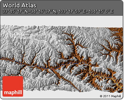 Physical 3D Map of the Area around 34° 0' 57" N, 103° 46' 30" E