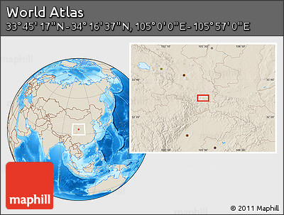 Shaded Relief Location Map of the Area around 34° 0' 57" N, 105° 28' 29" E