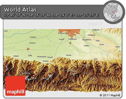 Physical 3D Map of the Area around 34° 0' 57" N, 108° 52' 30" E