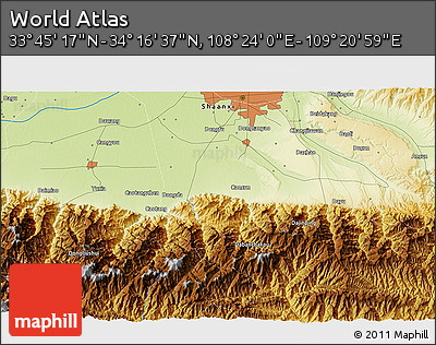 Physical 3D Map of the Area around 34° 0' 57" N, 108° 52' 30" E