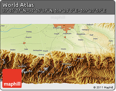 Physical 3D Map of the Area around 34° 0' 57" N, 108° 52' 30" E