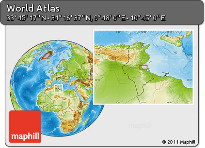 Physical Location Map of the Area around 34° 0' 57" N, 10° 16' 30" E
