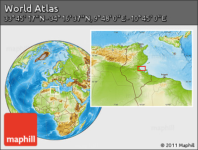 Physical Location Map of the Area around 34° 0' 57" N, 10° 16' 30" E