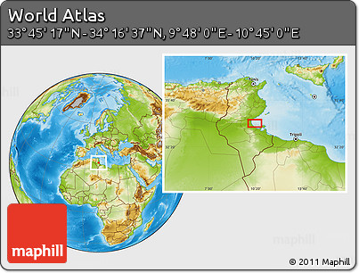 Physical Location Map of the Area around 34° 0' 57" N, 10° 16' 30" E