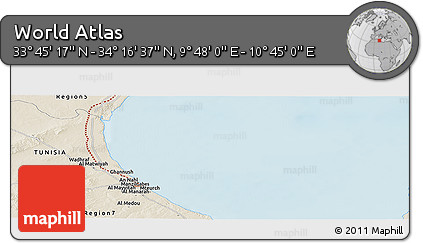 Shaded Relief Panoramic Map of the Area around 34° 0' 57" N, 10° 16' 30" E