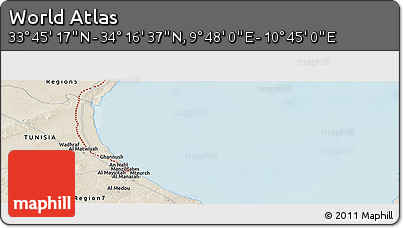 Shaded Relief Panoramic Map of the Area around 34° 0' 57" N, 10° 16' 30" E
