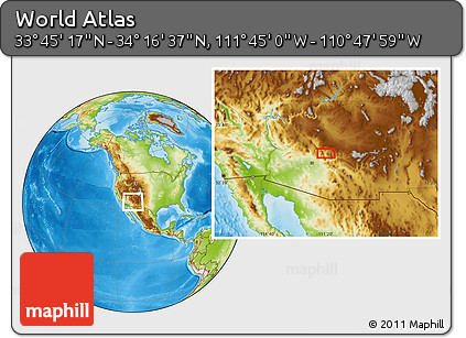 Physical Location Map of the Area around 34° 0' 57" N, 111° 16' 30" W