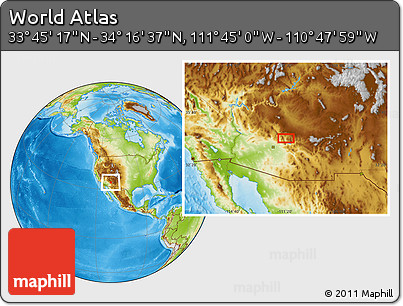 Physical Location Map of the Area around 34° 0' 57" N, 111° 16' 30" W