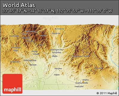 Physical 3D Map of the Area around 34° 0' 57" N, 112° 7' 30" W