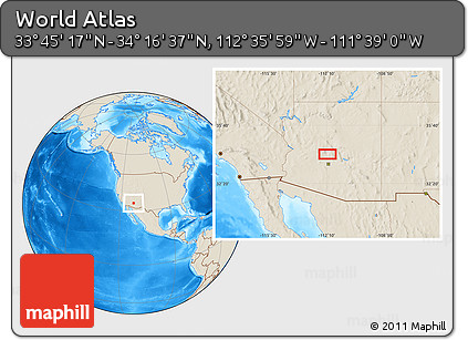 Shaded Relief Location Map of the Area around 34° 0' 57" N, 112° 7' 30" W