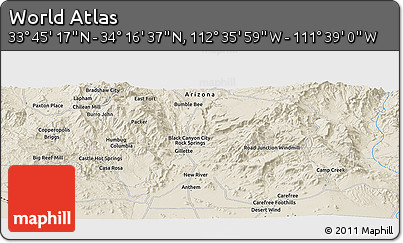Shaded Relief Panoramic Map of the Area around 34° 0' 57" N, 112° 7' 30" W