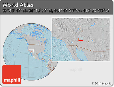 Gray Location Map of the Area around 34° 0' 57" N, 113° 49' 29" W, hill shading