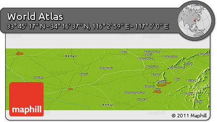 Physical Panoramic Map of the Area around 34° 0' 57" N, 116° 31' 30" E