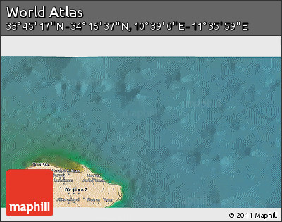 Satellite 3D Map of the Area around 34° 0' 57" N, 11° 7' 30" E