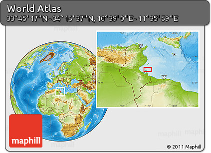 Physical Location Map of the Area around 34° 0' 57" N, 11° 7' 30" E