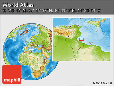 Physical Location Map of the Area around 34° 0' 57" N, 11° 7' 30" E