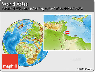 Physical Location Map of the Area around 34° 0' 57" N, 11° 7' 30" E