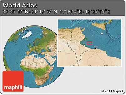 Satellite Location Map of the Area around 34° 0' 57" N, 11° 58' 29" E