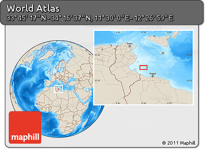 Shaded Relief Location Map of the Area around 34° 0' 57" N, 11° 58' 29" E