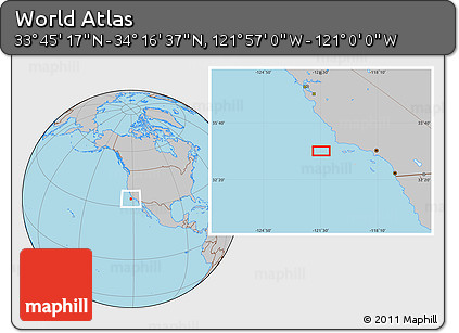 Gray Location Map of the Area around 34° 0' 57" N, 121° 28' 29" W