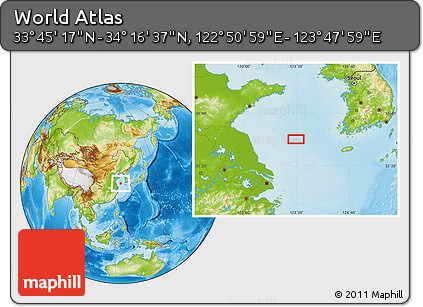 Physical Location Map of the Area around 34° 0' 57" N, 123° 19' 29" E