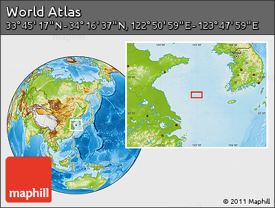 Physical Location Map of the Area around 34° 0' 57" N, 123° 19' 29" E