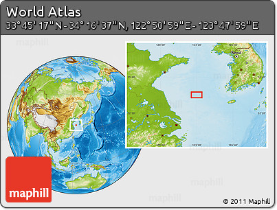 Physical Location Map of the Area around 34° 0' 57" N, 123° 19' 29" E