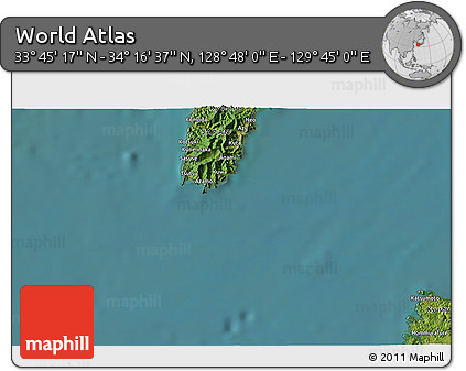 Satellite 3D Map of the Area around 34° 0' 57" N, 129° 16' 30" E