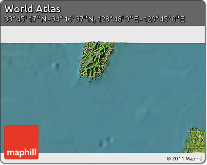 Satellite 3D Map of the Area around 34° 0' 57" N, 129° 16' 30" E