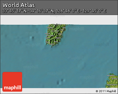 Satellite 3D Map of the Area around 34° 0' 57" N, 129° 16' 30" E