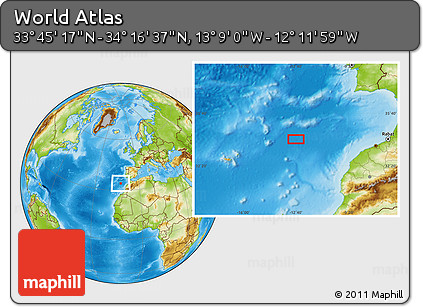 Physical Location Map of the Area around 34° 0' 57" N, 12° 40' 30" W