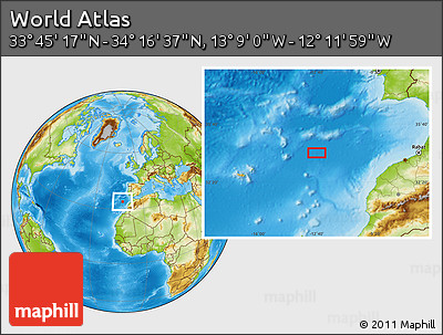 Physical Location Map of the Area around 34° 0' 57" N, 12° 40' 30" W