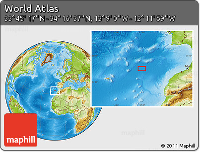 Physical Location Map of the Area around 34° 0' 57" N, 12° 40' 30" W