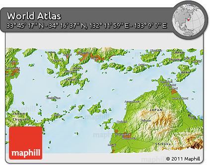 Physical 3D Map of the Area around 34° 0' 57" N, 132° 40' 30" E