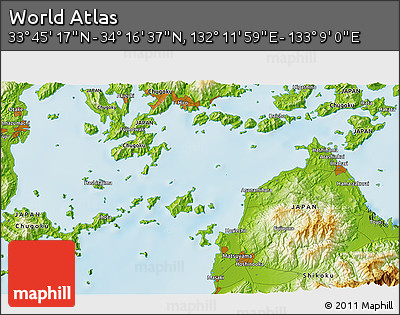 Physical 3D Map of the Area around 34° 0' 57" N, 132° 40' 30" E