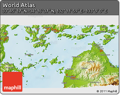 Physical 3D Map of the Area around 34° 0' 57" N, 132° 40' 30" E