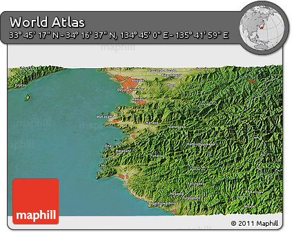 Satellite 3D Map of the Area around 34° 0' 57" N, 135° 13' 29" E