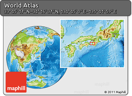 Physical Location Map of the Area around 34° 0' 57" N, 135° 13' 29" E