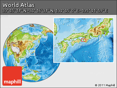 Physical Location Map of the Area around 34° 0' 57" N, 135° 13' 29" E