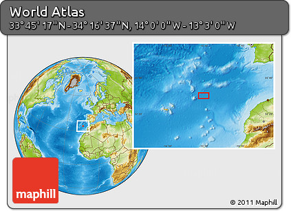 Physical Location Map of the Area around 34° 0' 57" N, 13° 31' 30" W