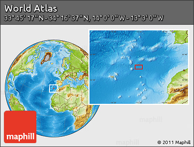 Physical Location Map of the Area around 34° 0' 57" N, 13° 31' 30" W