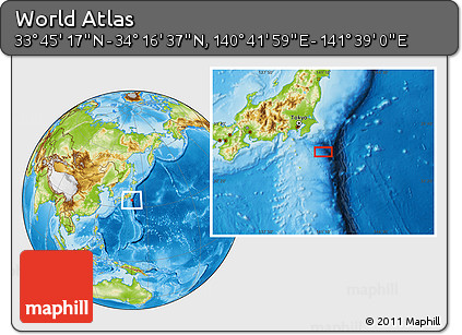 Physical Location Map of the Area around 34° 0' 57" N, 141° 10' 30" E