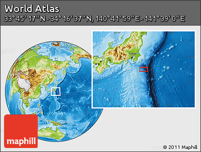 Physical Location Map of the Area around 34° 0' 57" N, 141° 10' 30" E