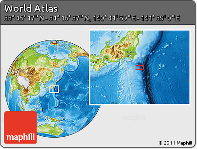 Physical Location Map of the Area around 34° 0' 57" N, 141° 10' 30" E
