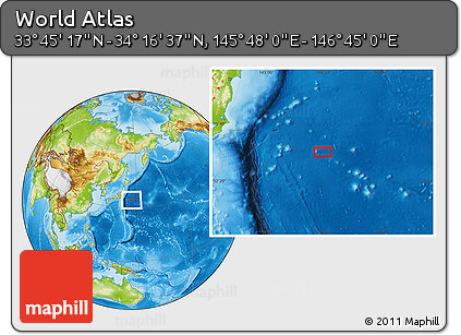 Physical Location Map of the Area around 34° 0' 57" N, 146° 16' 30" E