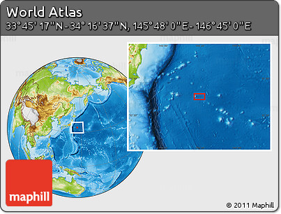 Physical Location Map of the Area around 34° 0' 57" N, 146° 16' 30" E