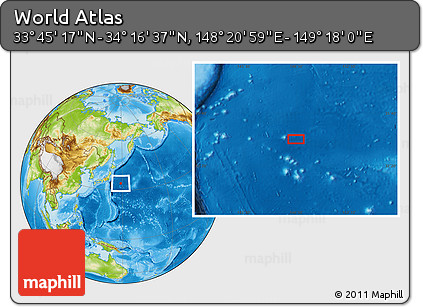 Physical Location Map of the Area around 34° 0' 57" N, 148° 49' 29" E