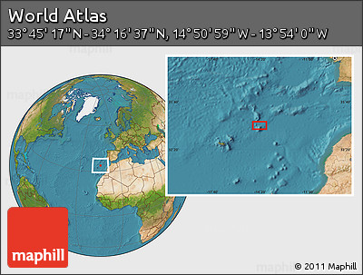 Satellite Location Map of the Area around 34° 0' 57" N, 14° 22' 30" W