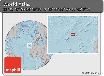 Gray Location Map of the Area around 34° 0' 57" N, 15° 13' 29" W, hill shading